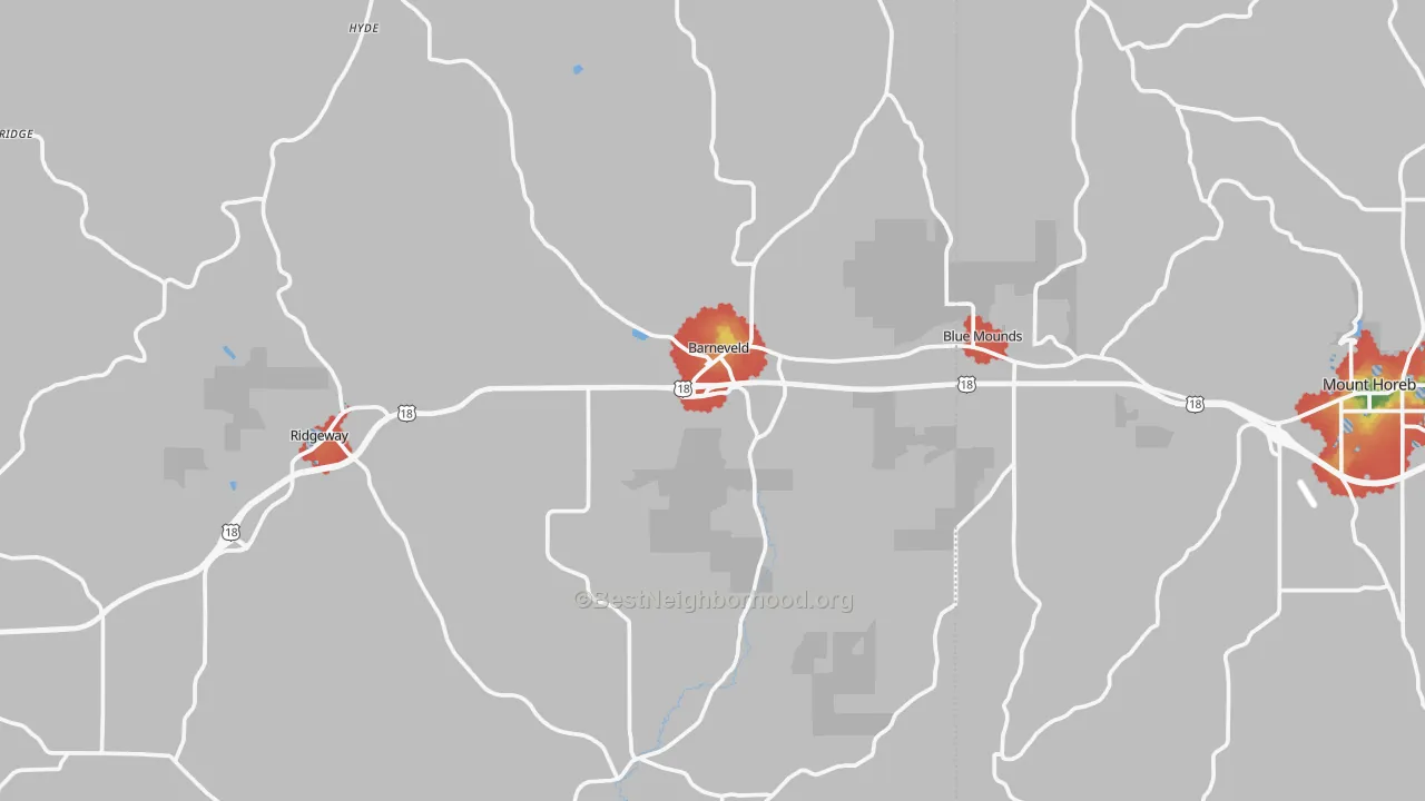 Walk Grade map of Barneveld, WI, walkable areas in green and car-dependent areas in red