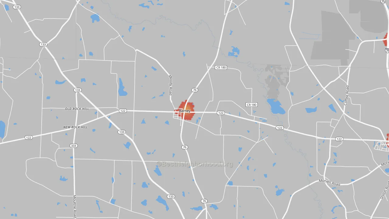 Walk Grade map of Barney, GA, walkable areas in green and car-dependent areas in red