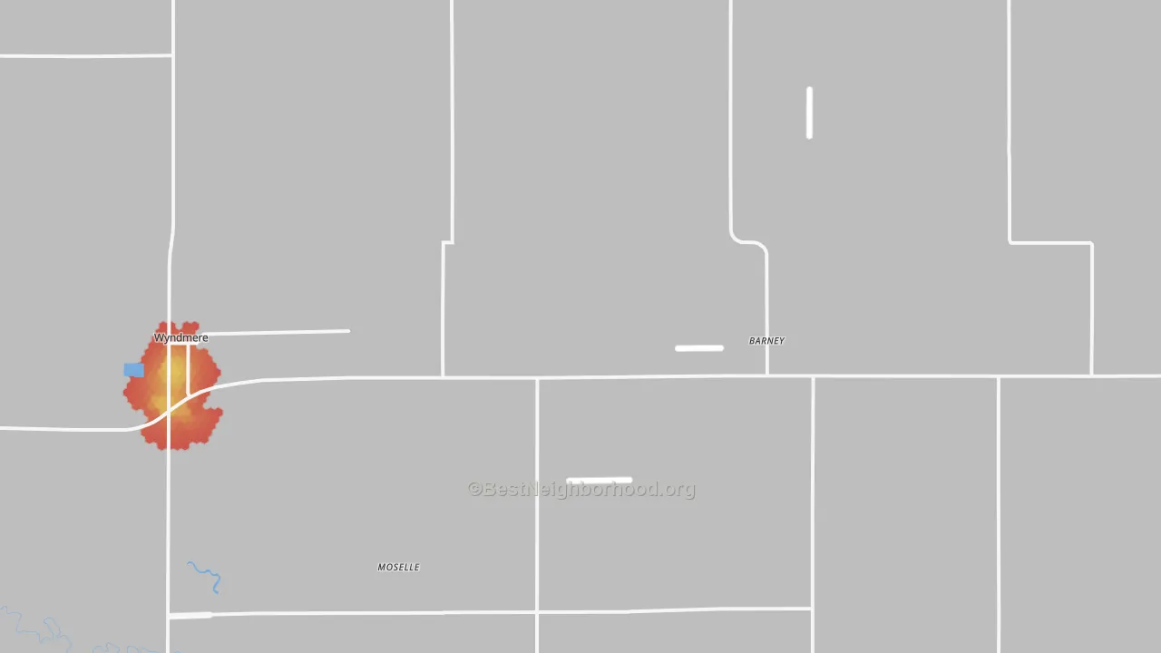 Walk Grade map of Barney, ND, walkable areas in green and car-dependent areas in red