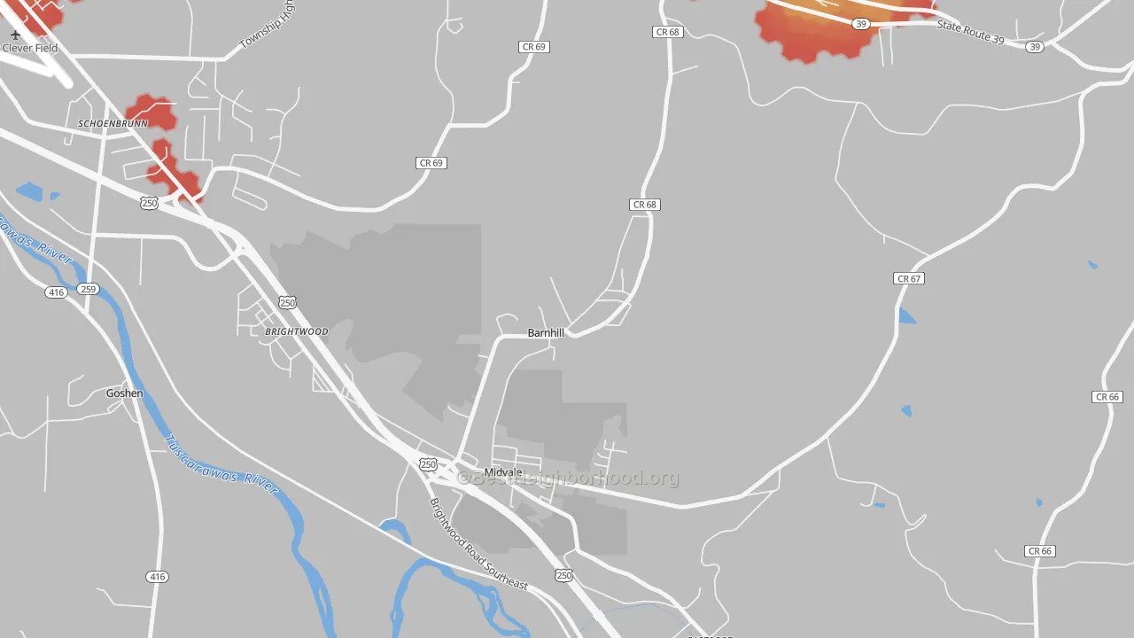 Walk Grade map of Barnhill, OH, walkable areas in green and car-dependent areas in red