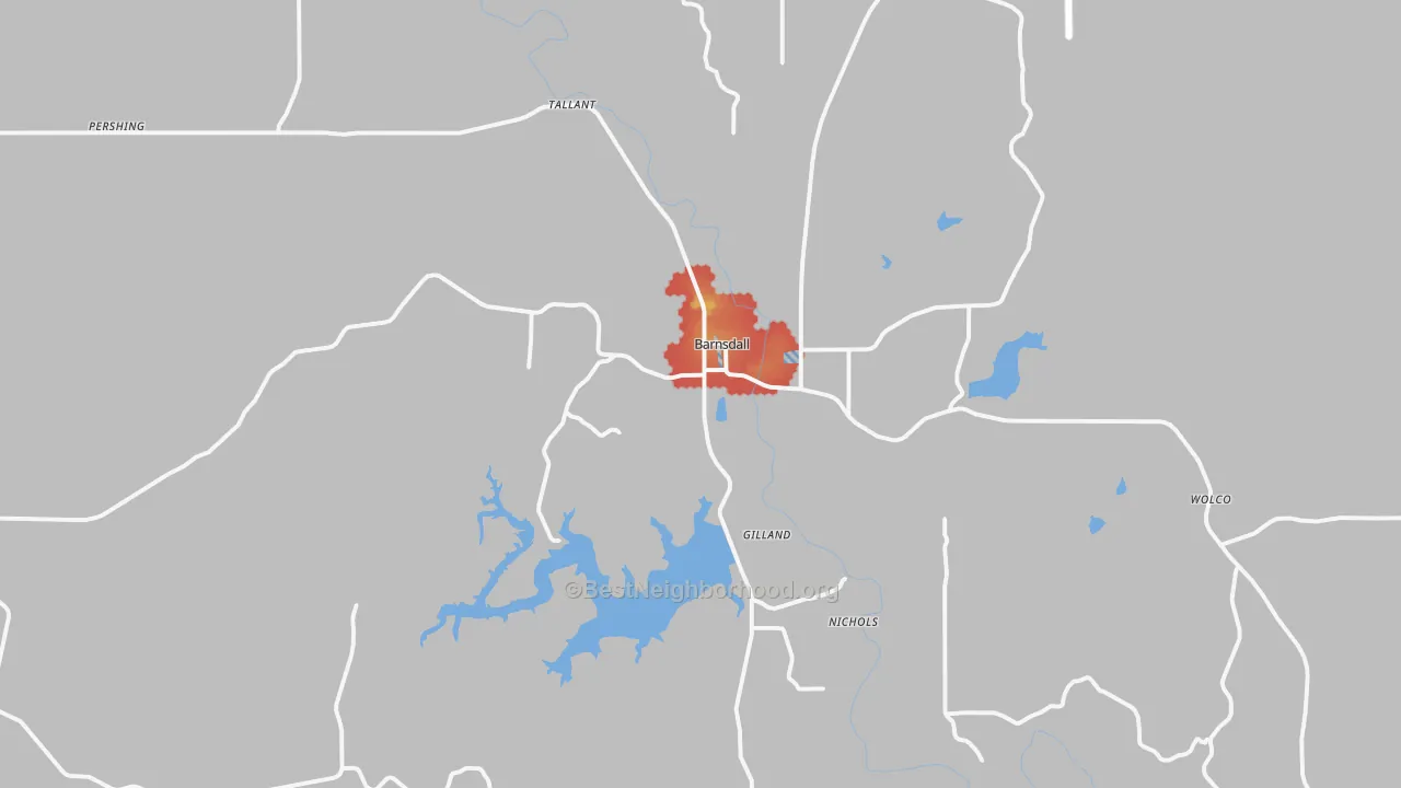 Walk Grade map of Barnsdall, OK, walkable areas in green and car-dependent areas in red