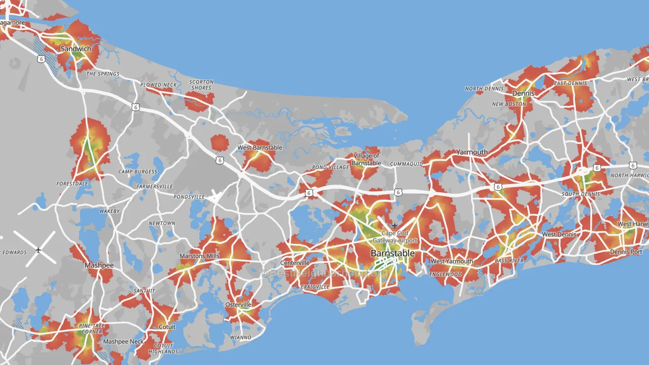 Walk Grade map of Barnstable County, MA, walkable areas in green and car-dependent areas in red