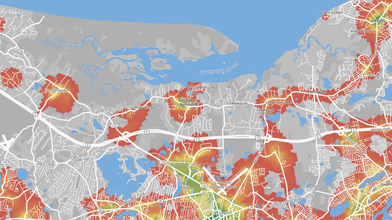 Walk Grade map of Barnstable, MA, walkable areas in green and car-dependent areas in red