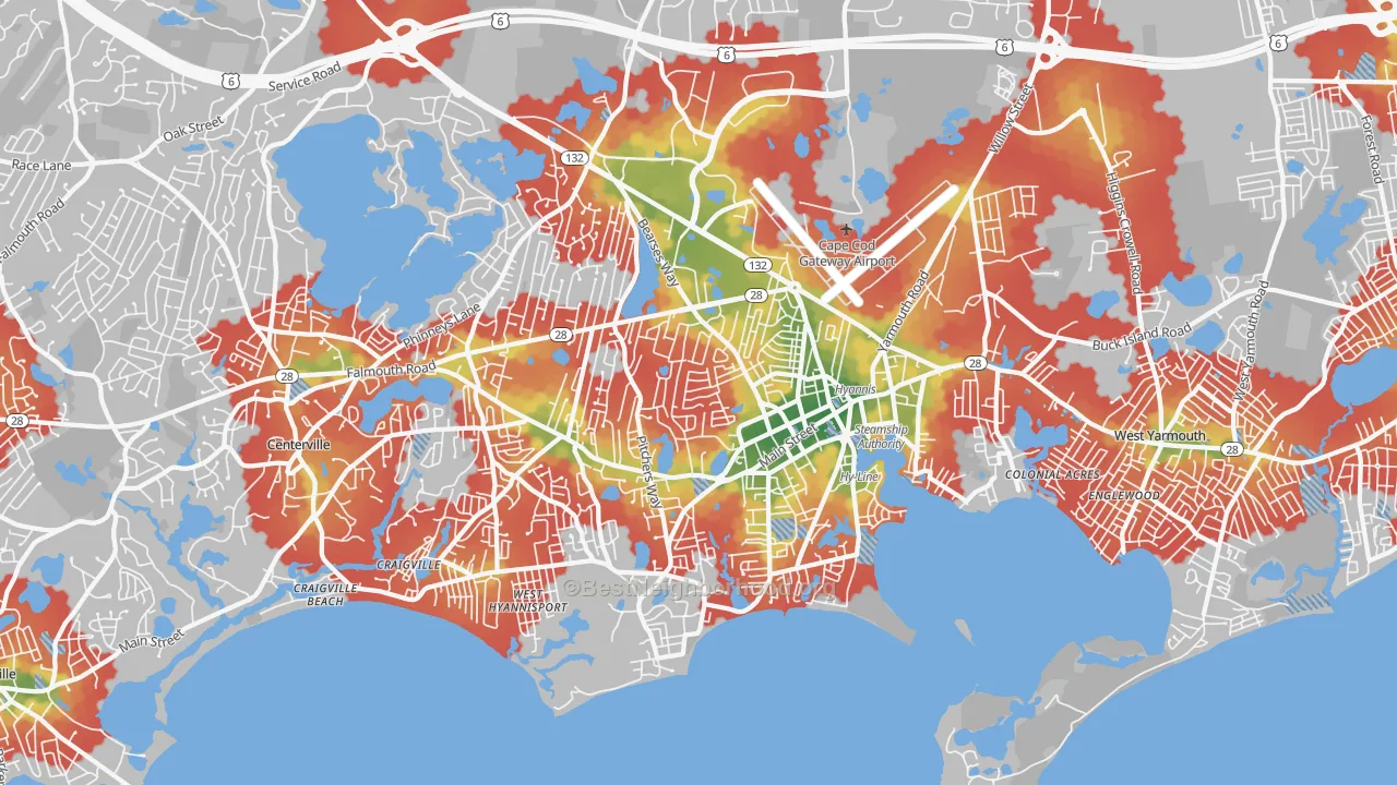 Walk Grade map of Barnstable Town, MA, walkable areas in green and car-dependent areas in red