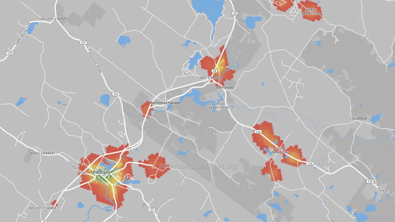 Walk Grade map of Barnstead, NH, walkable areas in green and car-dependent areas in red
