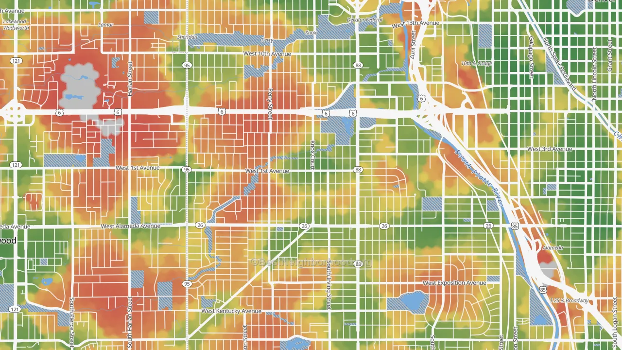 Walk Grade map of Barnum, Denver, CO, walkable areas in green and car-dependent areas in red