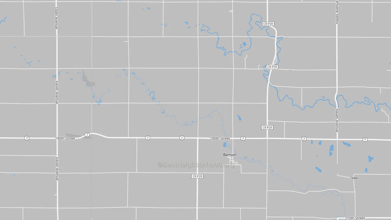 Walk Grade map of Barnum, IA, walkable areas in green and car-dependent areas in red