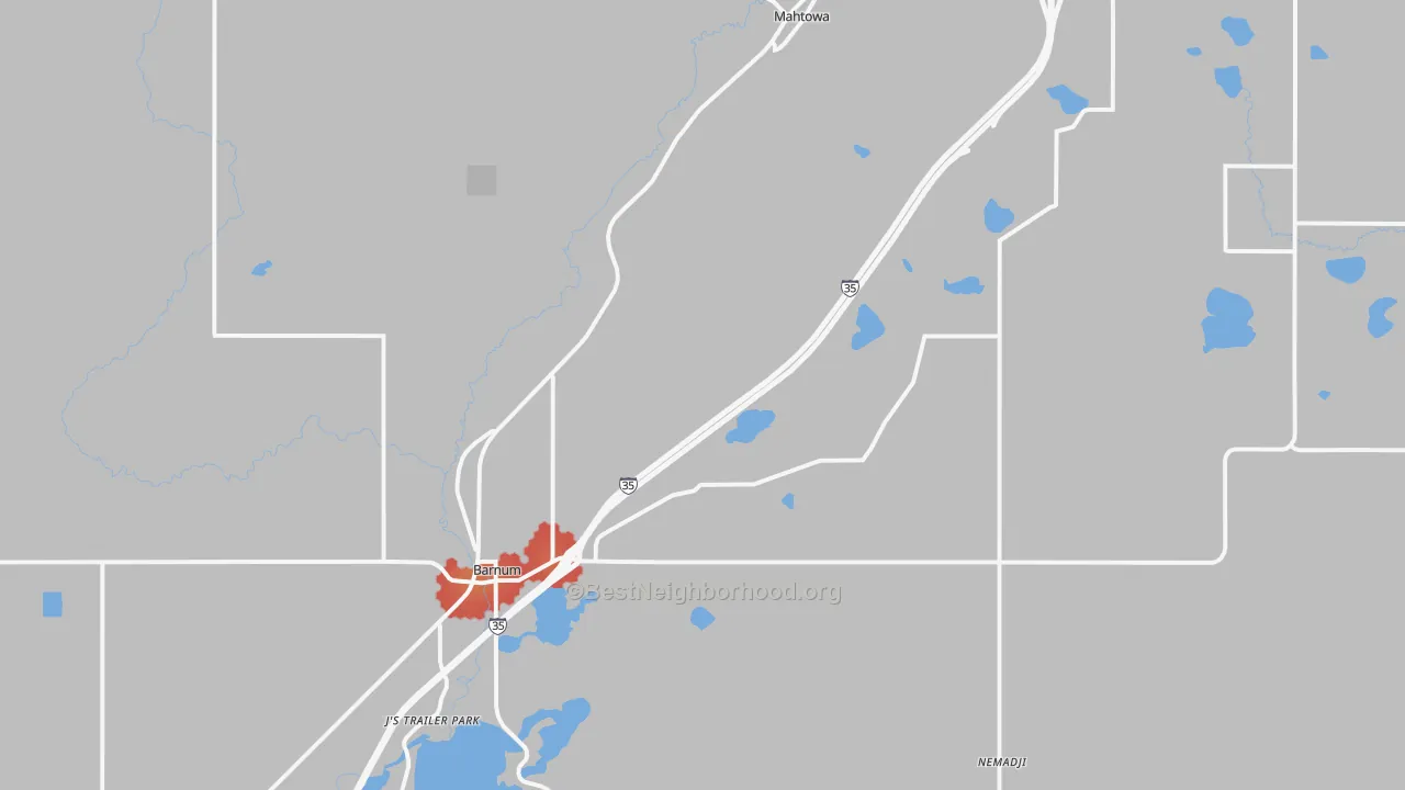Walk Grade map of Barnum, MN, walkable areas in green and car-dependent areas in red