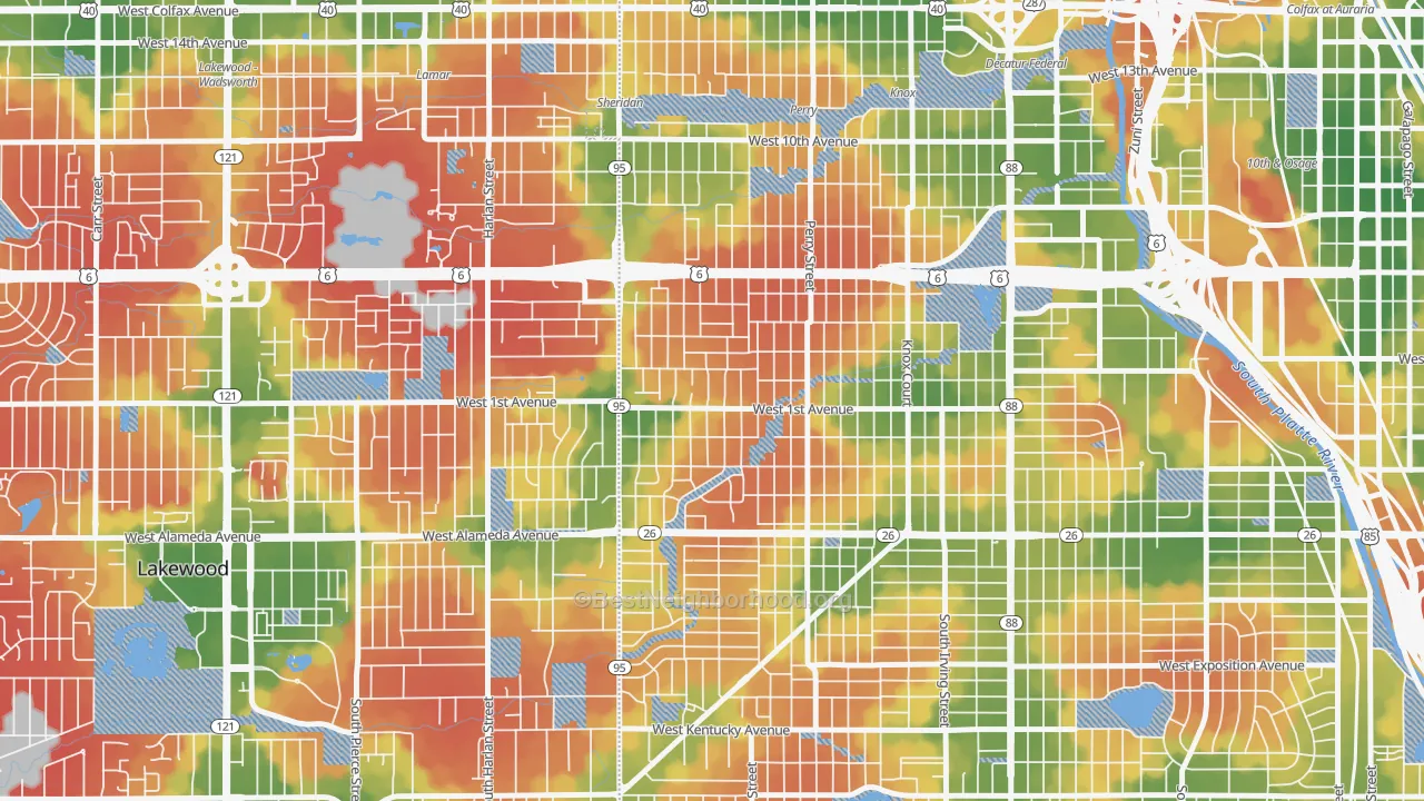 Walk Grade map of Barnum West, Denver, CO, walkable areas in green and car-dependent areas in red