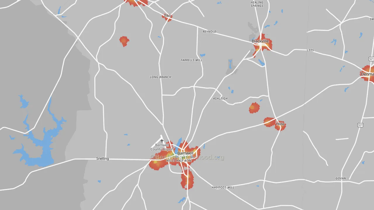 Walk Grade map of Barnwell County, SC, walkable areas in green and car-dependent areas in red