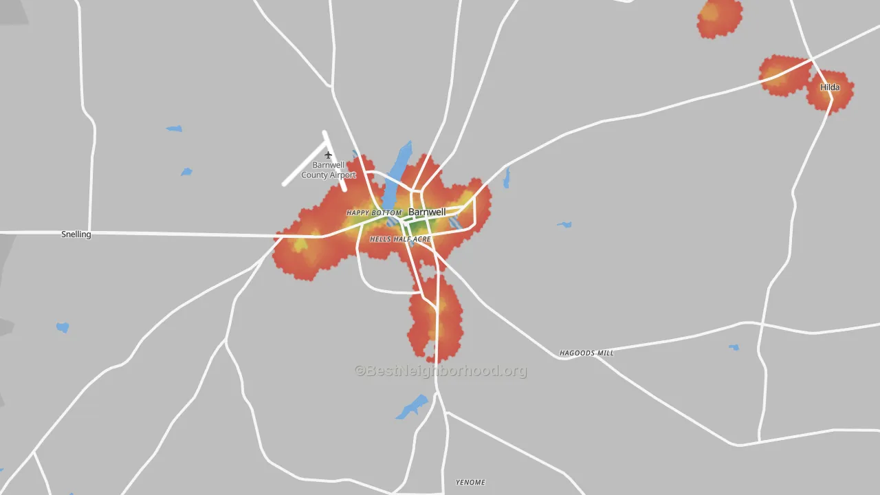 Walk Grade map of Barnwell, SC, walkable areas in green and car-dependent areas in red