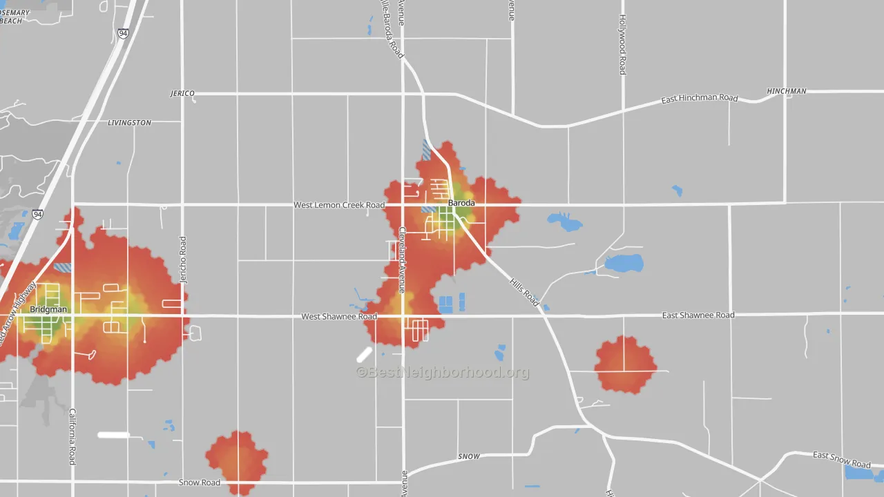 Walk Grade map of Baroda, MI, walkable areas in green and car-dependent areas in red