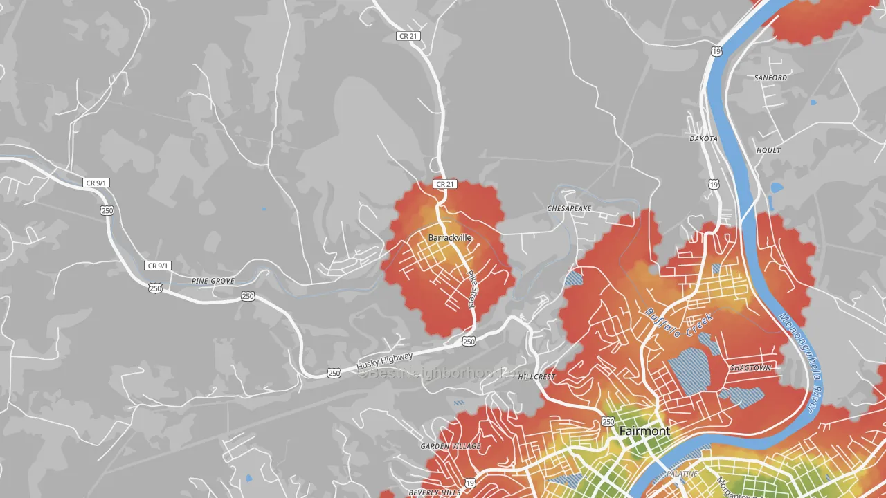 Walk Grade map of Barrackville, WV, walkable areas in green and car-dependent areas in red