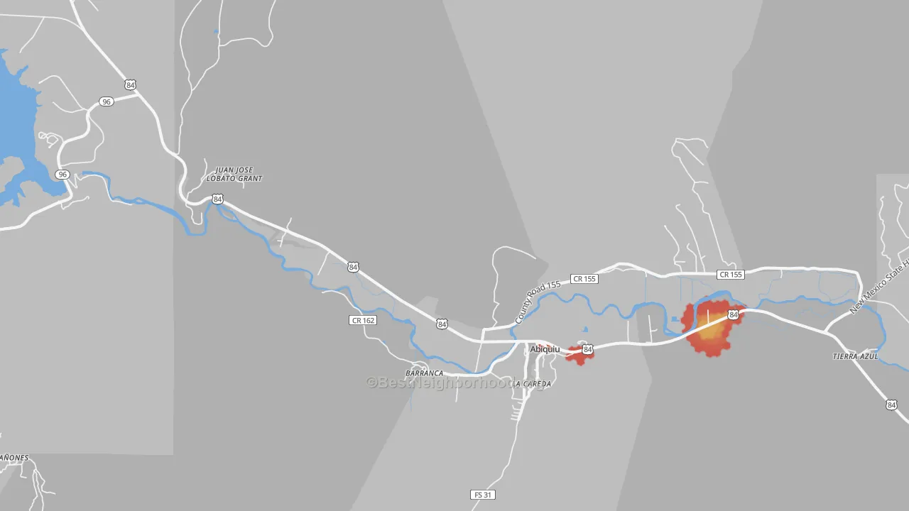 Walk Grade map of Barranca, NM, walkable areas in green and car-dependent areas in red