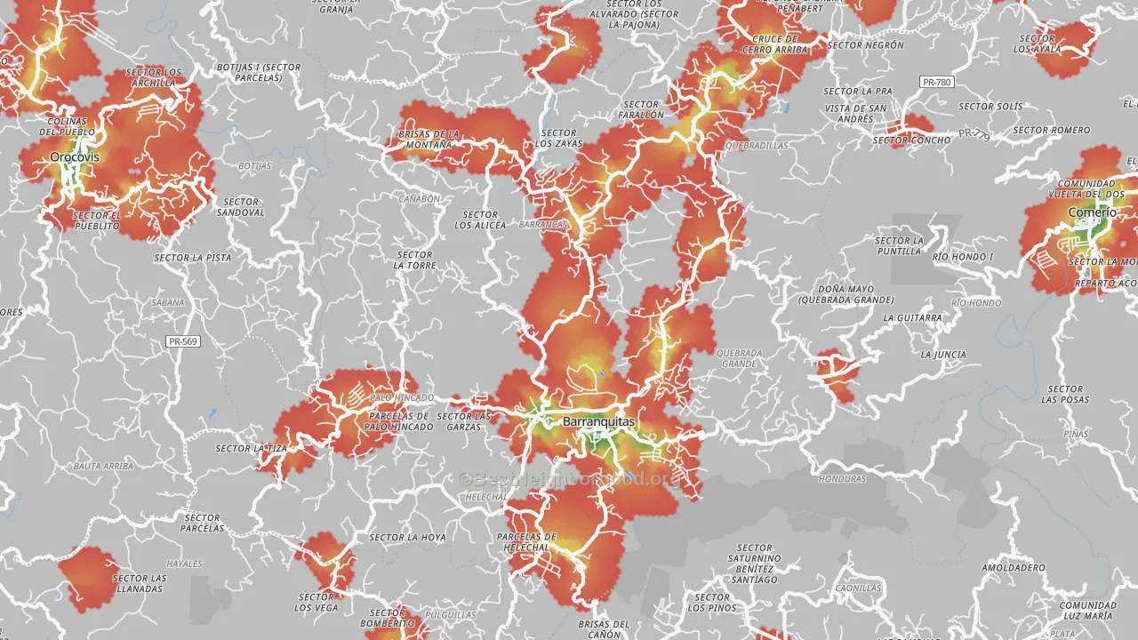 Walk Grade map of Barranquitas Municipio, PR, walkable areas in green and car-dependent areas in red