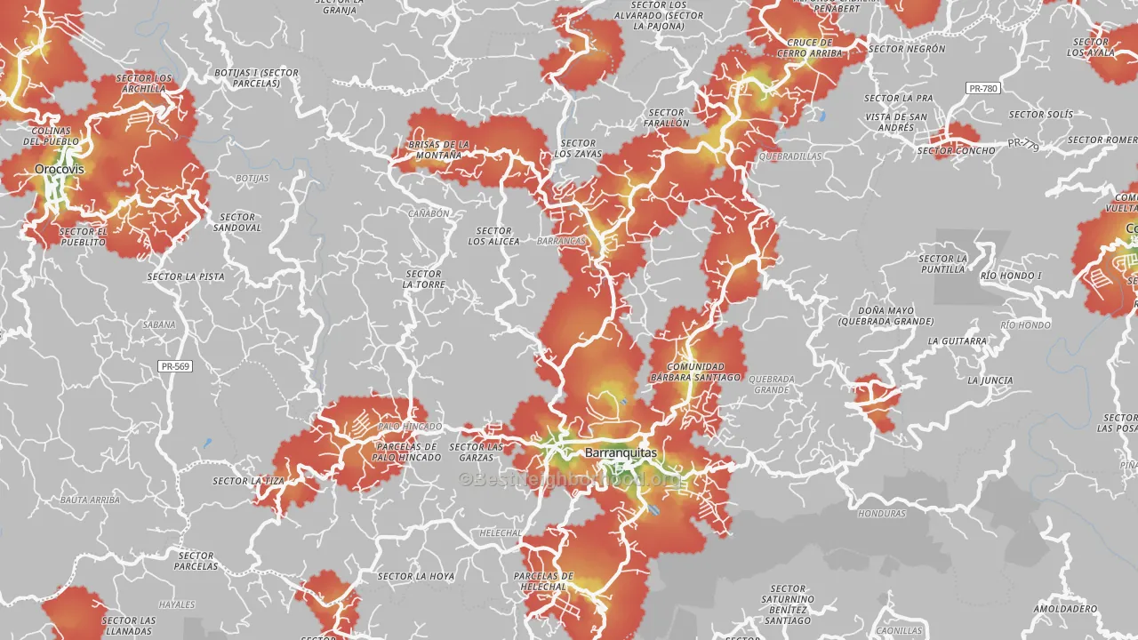 Walk Grade map of Barranquitas, PR, walkable areas in green and car-dependent areas in red