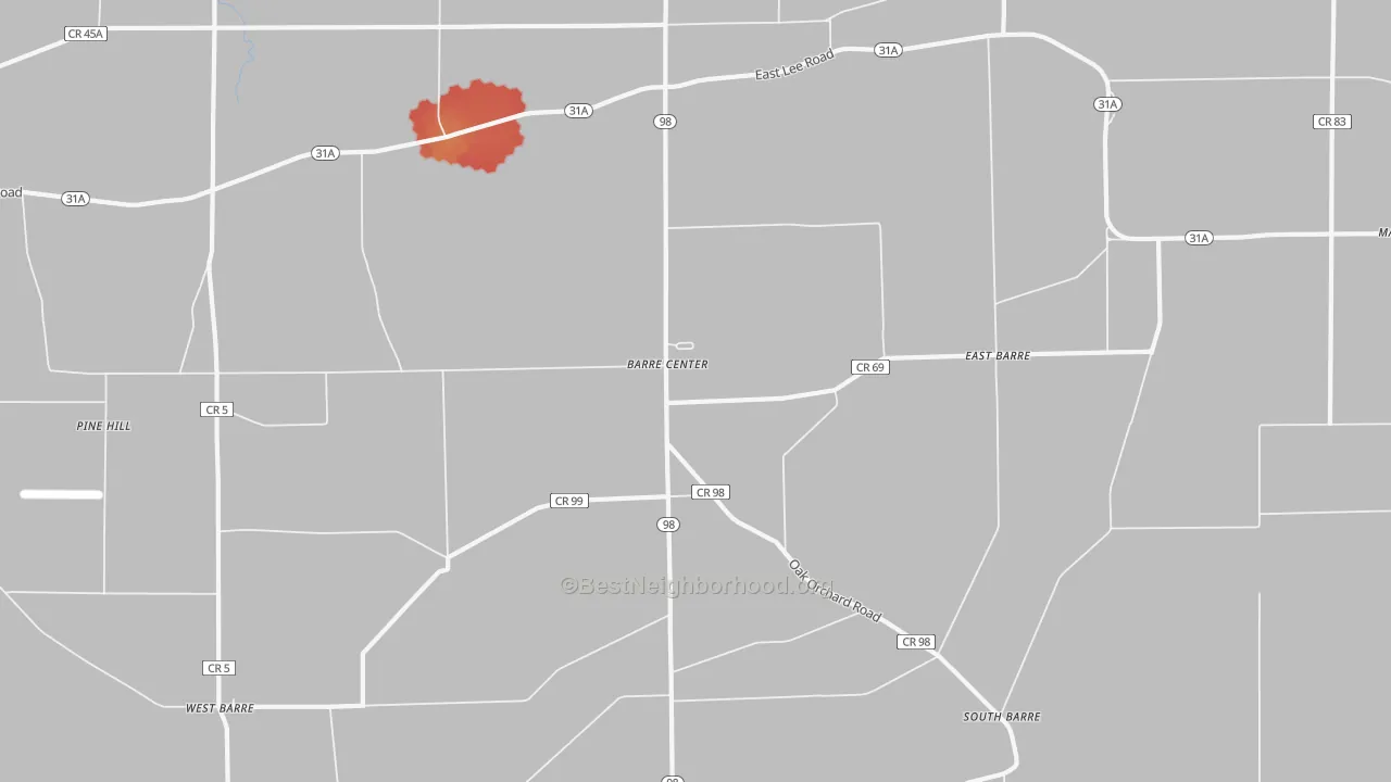 Walk Grade map of Barre Center, NY, walkable areas in green and car-dependent areas in red