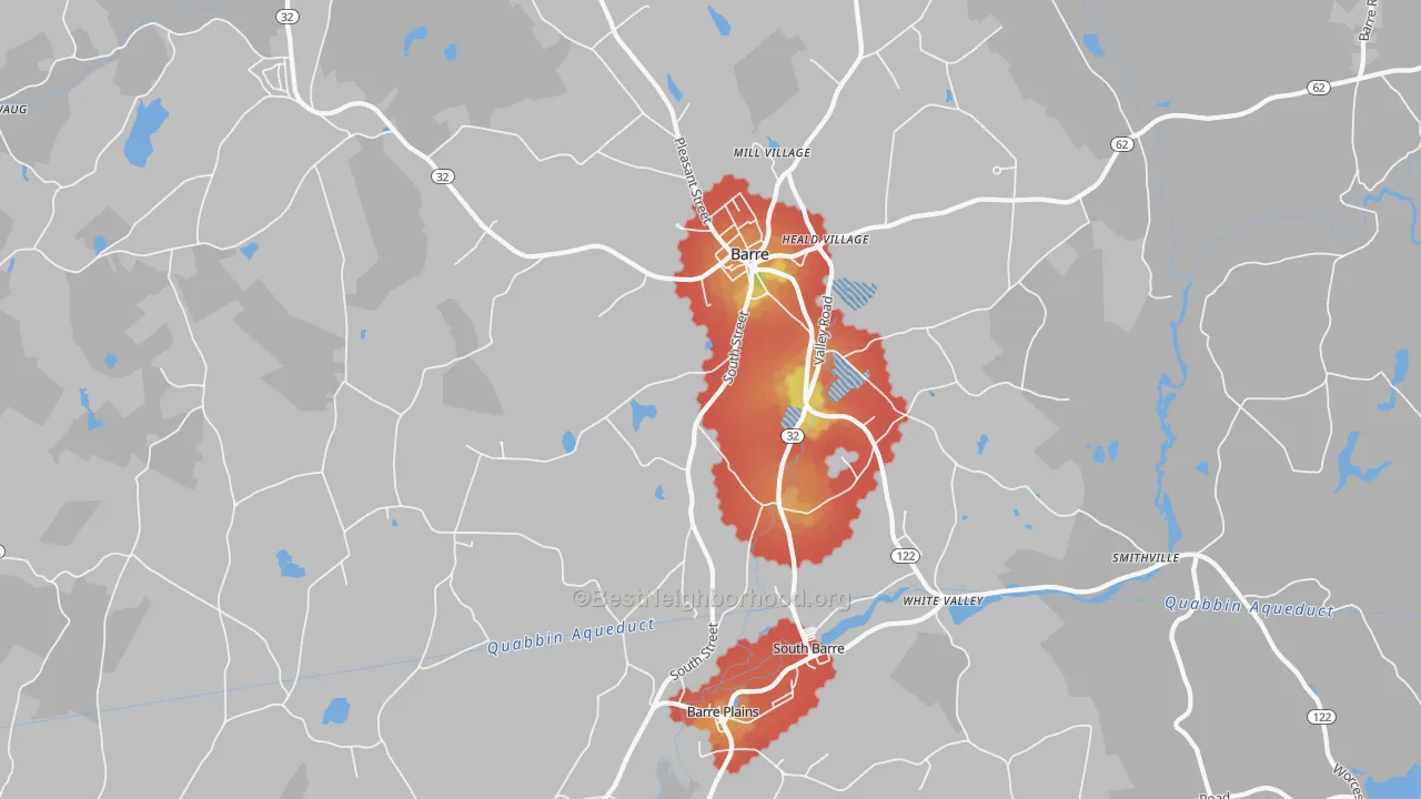 Walk Grade map of Barre, MA, walkable areas in green and car-dependent areas in red