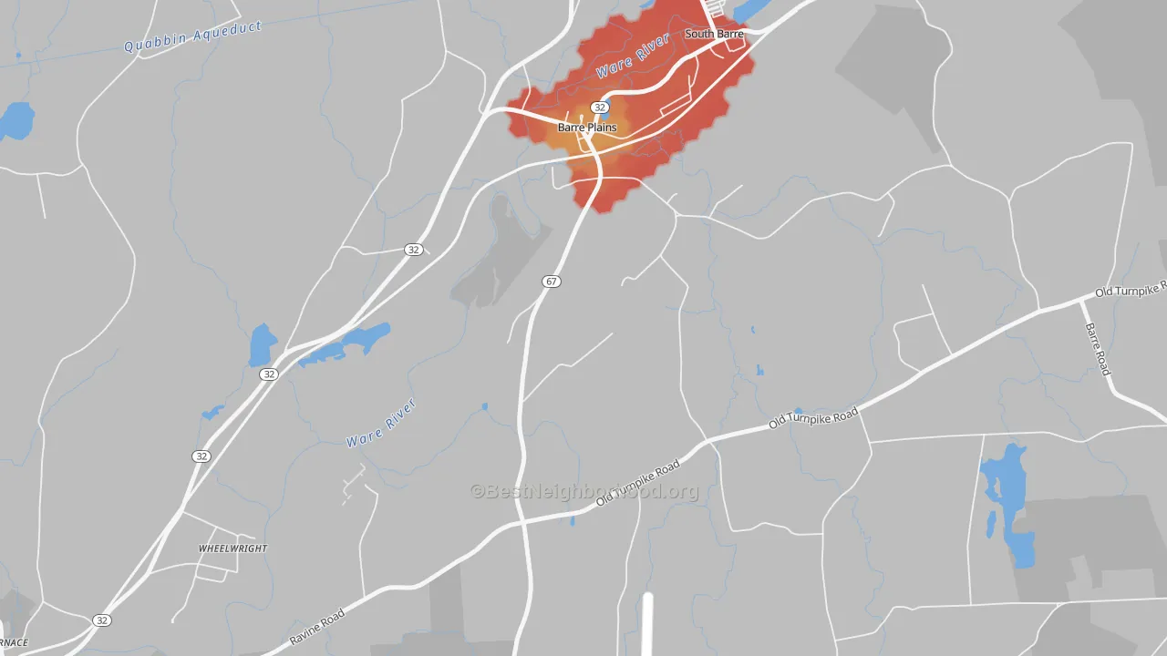 Walk Grade map of Barre Plains, MA, walkable areas in green and car-dependent areas in red