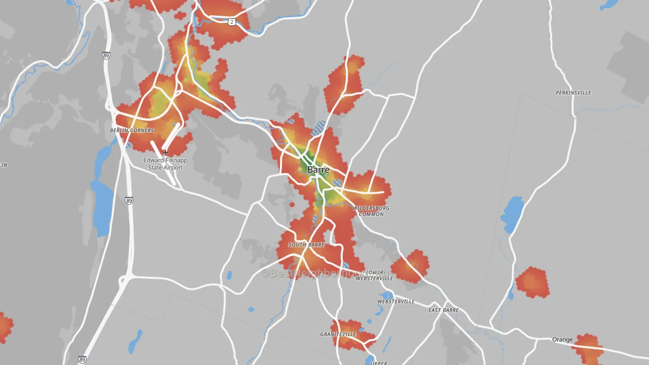 Walk Grade map of Barre, VT, walkable areas in green and car-dependent areas in red