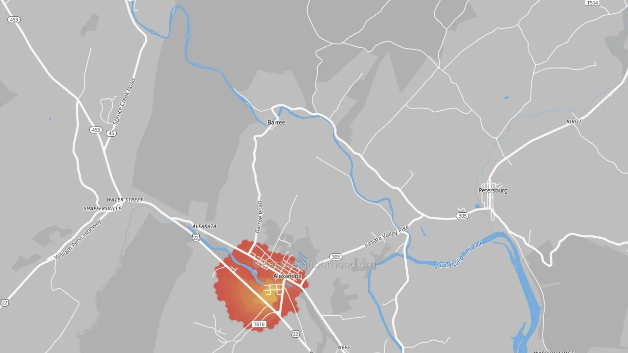 Walk Grade map of Barree, PA, walkable areas in green and car-dependent areas in red