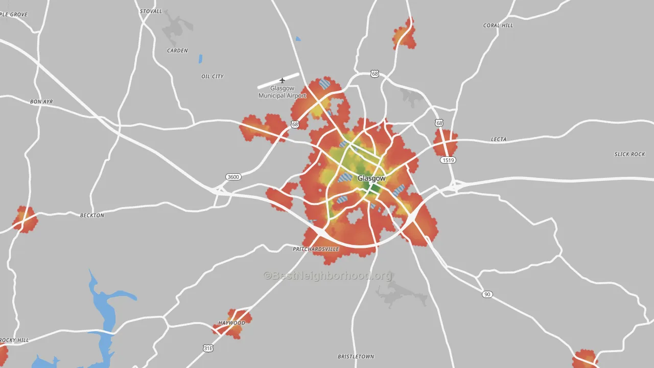 Walk Grade map of Barren County, KY, walkable areas in green and car-dependent areas in red