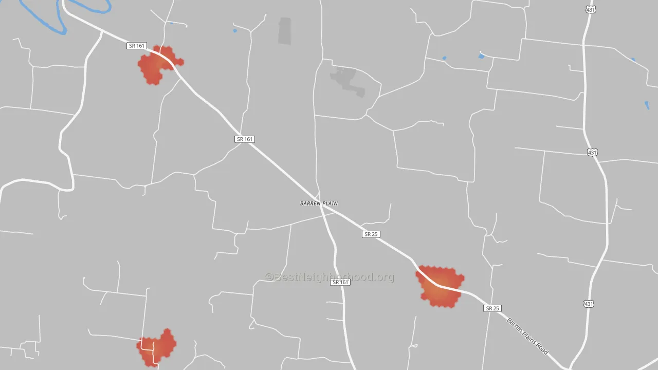 Walk Grade map of Barren Plain, TN, walkable areas in green and car-dependent areas in red