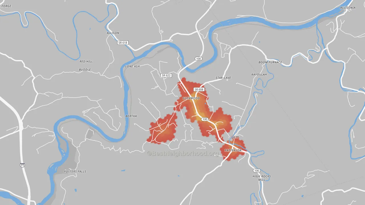 Walk Grade map of Barren Springs, VA, walkable areas in green and car-dependent areas in red