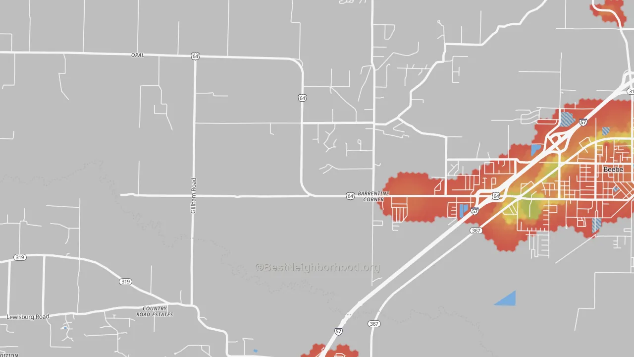 Walk Grade map of Barrentine Corner, AR, walkable areas in green and car-dependent areas in red
