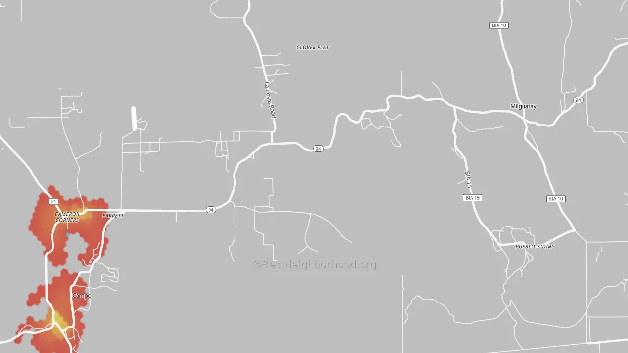 Walk Grade map of Barrett, CA, walkable areas in green and car-dependent areas in red