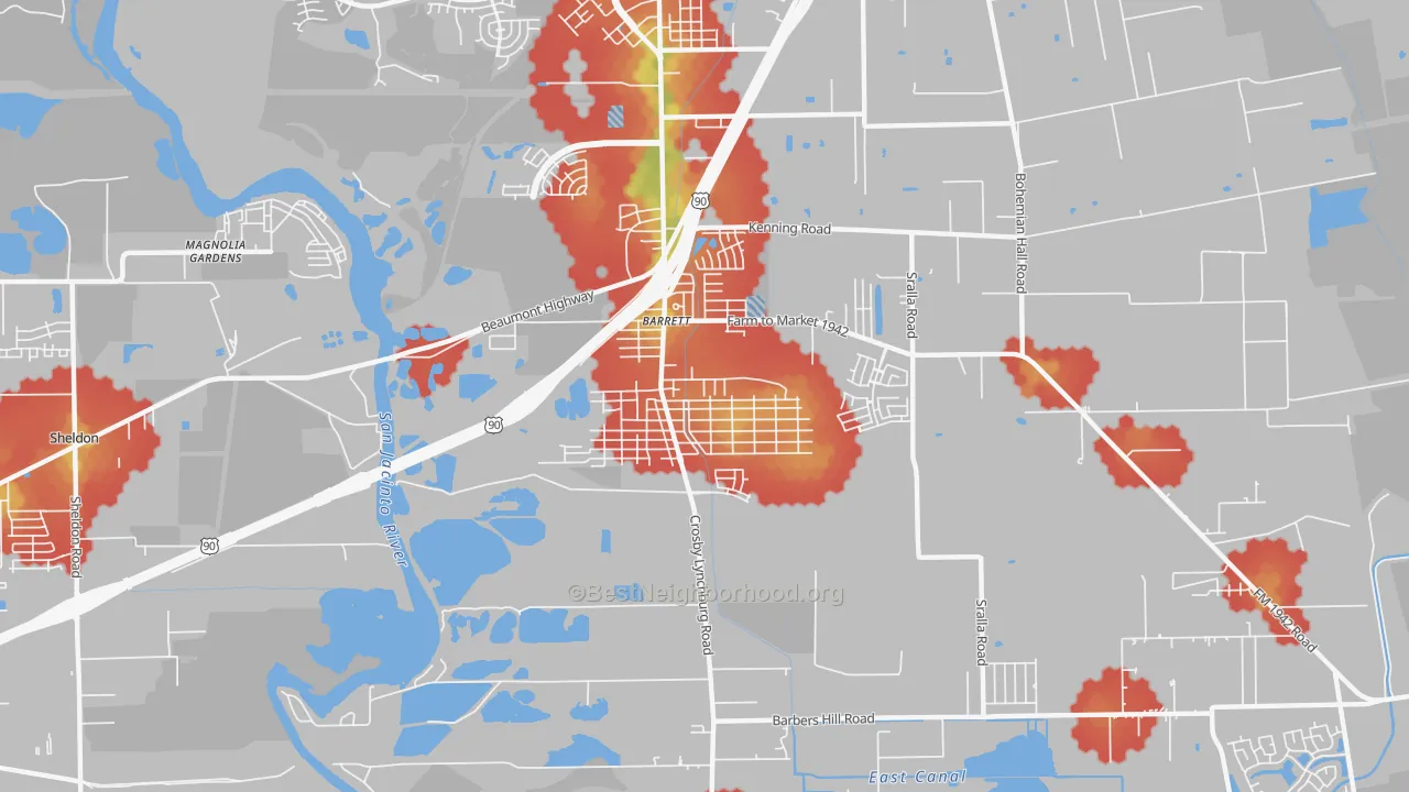 Walk Grade map of Barrett, TX, walkable areas in green and car-dependent areas in red
