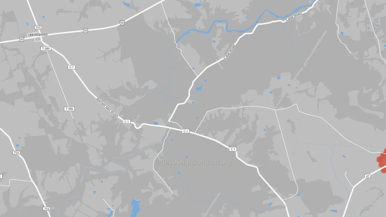Walk Grade map of Barretts Mills, OH, walkable areas in green and car-dependent areas in red