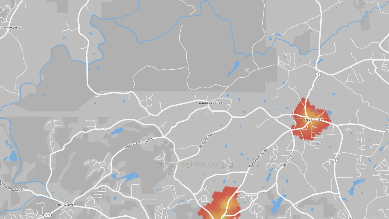 Walk Grade map of Barrettsville, GA, walkable areas in green and car-dependent areas in red