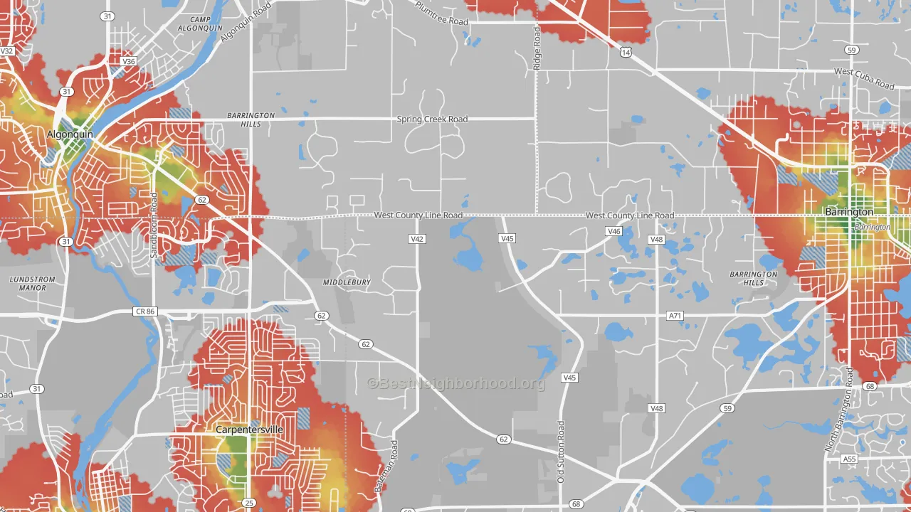 Walk Grade map of Barrington Hills, IL, walkable areas in green and car-dependent areas in red