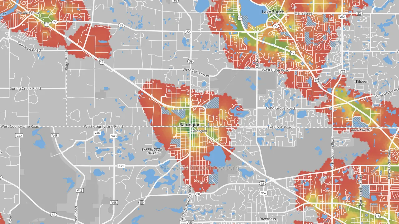 Walk Grade map of Barrington, IL, walkable areas in green and car-dependent areas in red