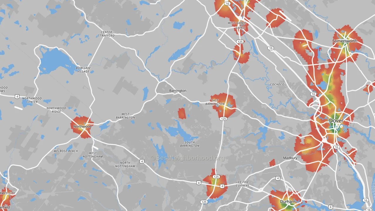 Walk Grade map of Barrington, NH, walkable areas in green and car-dependent areas in red