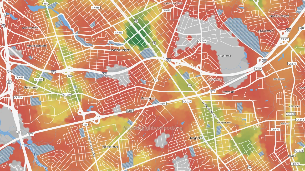 Walk Grade map of Barrington, NJ, walkable areas in green and car-dependent areas in red