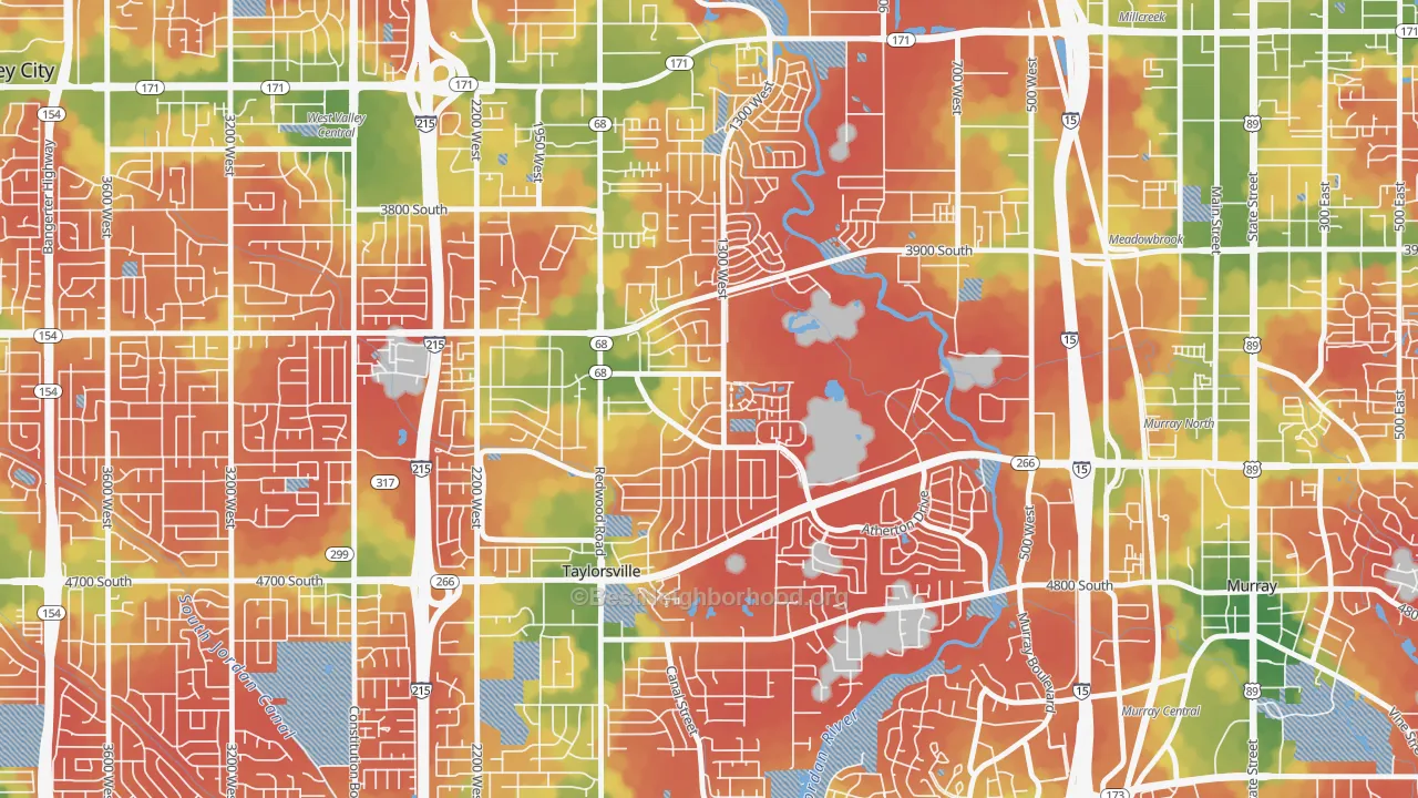 Walk Grade map of Barrington Park, Taylorsville, UT, walkable areas in green and car-dependent areas in red