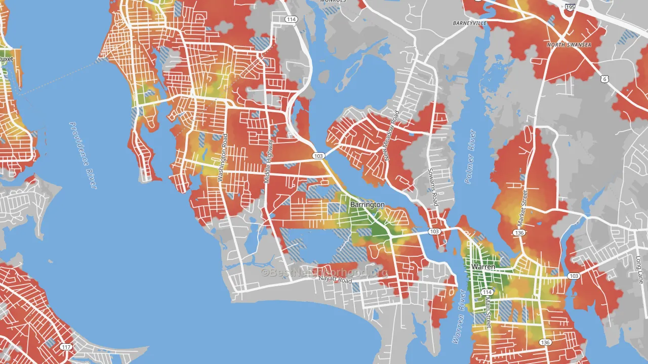 Walk Grade map of Barrington, RI, walkable areas in green and car-dependent areas in red