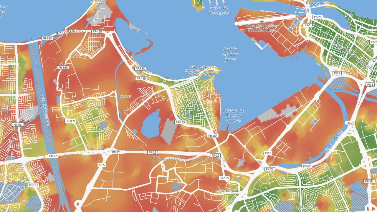 Walk Grade map of Barrio Amelia, Guaynabo, PR, walkable areas in green and car-dependent areas in red