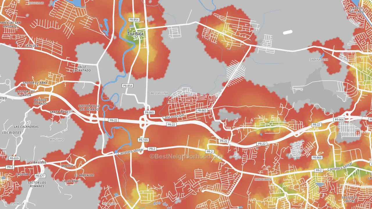 Walk Grade map of Barrio Campanilla, Toa Baja, PR, walkable areas in green and car-dependent areas in red