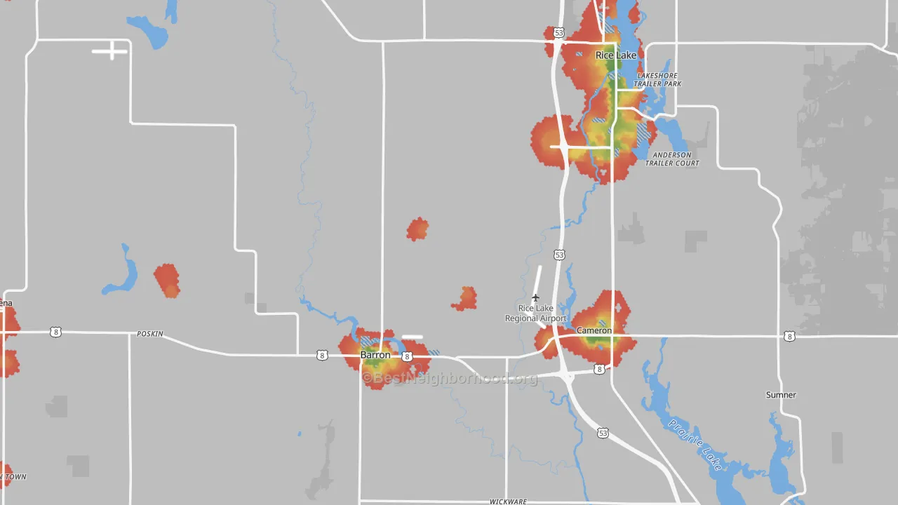 Walk Grade map of Barron County, WI, walkable areas in green and car-dependent areas in red