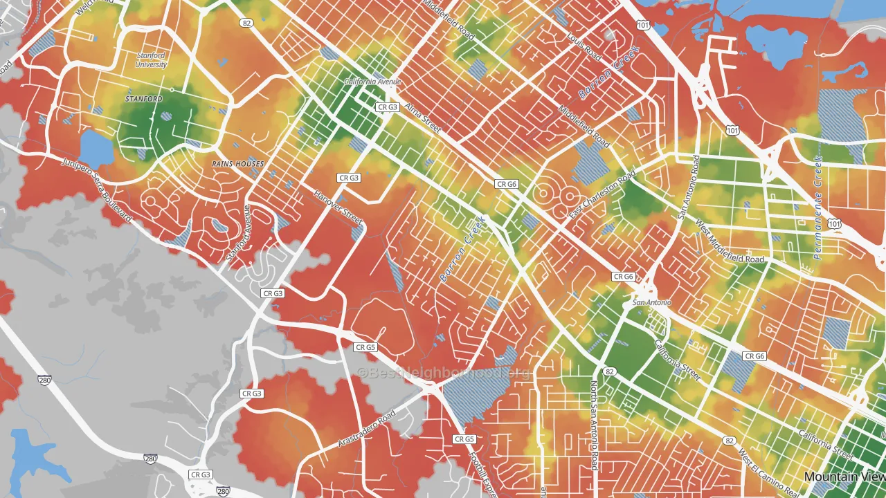 Walk Grade map of Barron Park, Palo Alto, CA, walkable areas in green and car-dependent areas in red