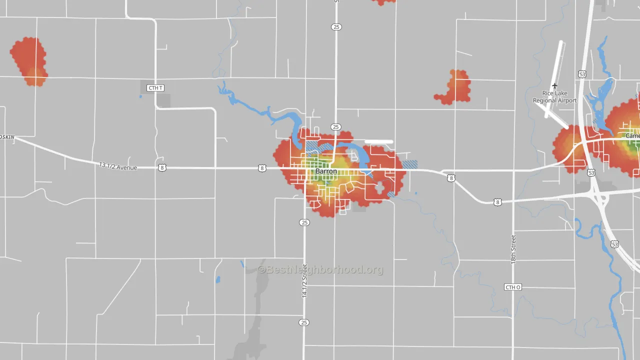 Walk Grade map of Barron, WI, walkable areas in green and car-dependent areas in red
