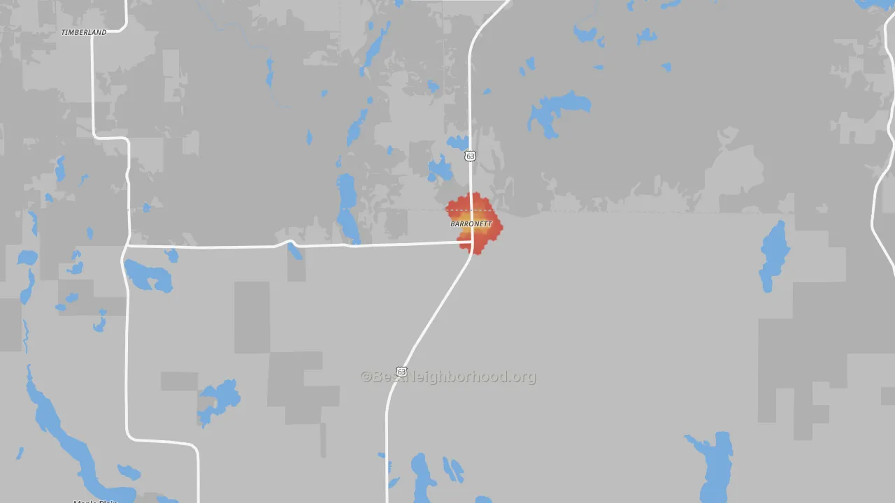Walk Grade map of Barronett, WI, walkable areas in green and car-dependent areas in red