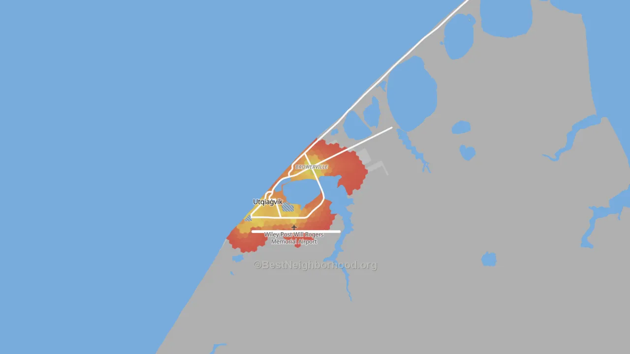 Walk Grade map of Barrow, AK, walkable areas in green and car-dependent areas in red