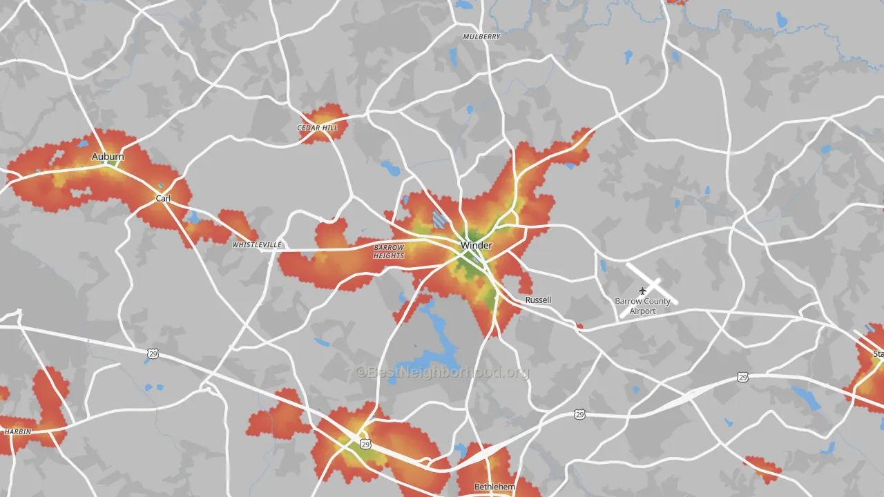 Walk Grade map of Barrow County, GA, walkable areas in green and car-dependent areas in red