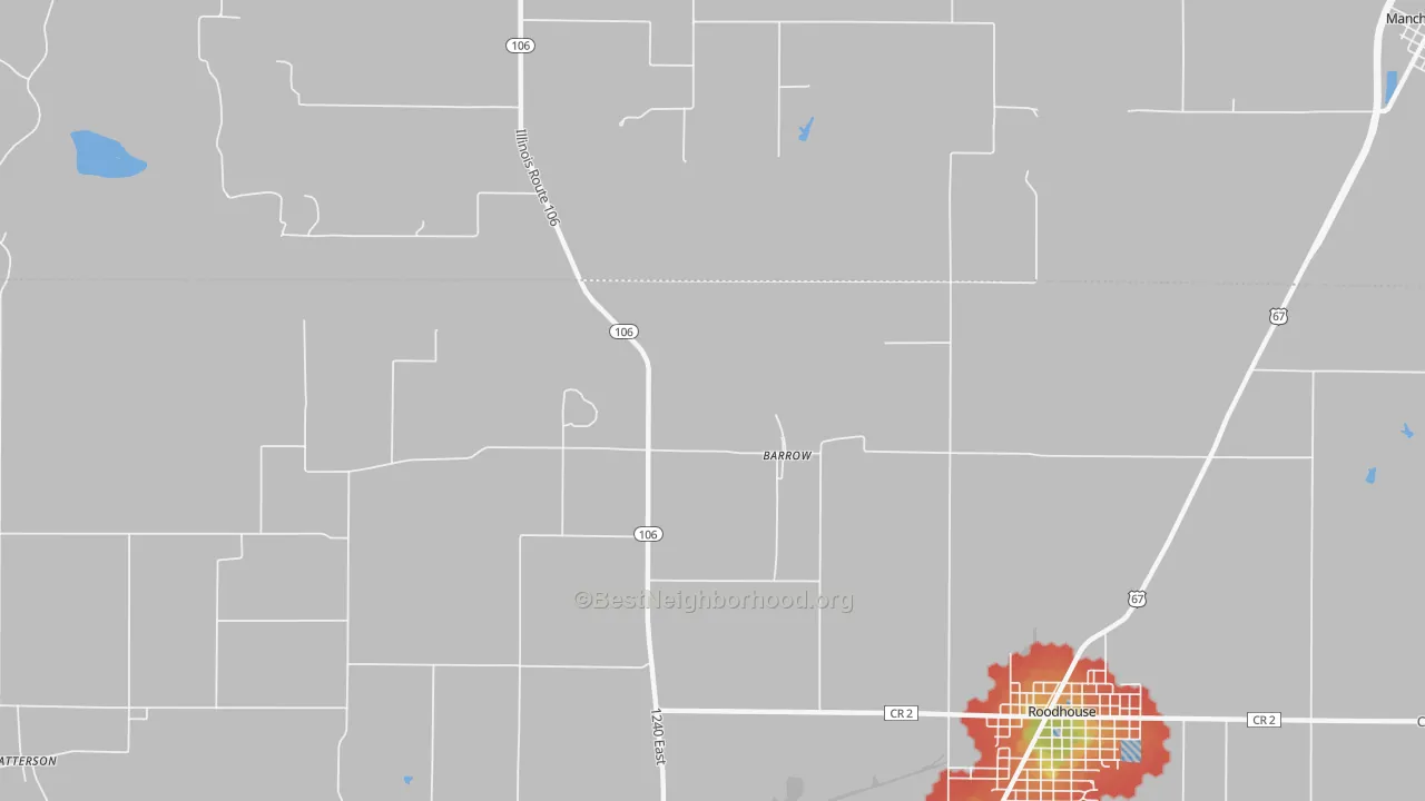 Walk Grade map of Barrow, IL, walkable areas in green and car-dependent areas in red