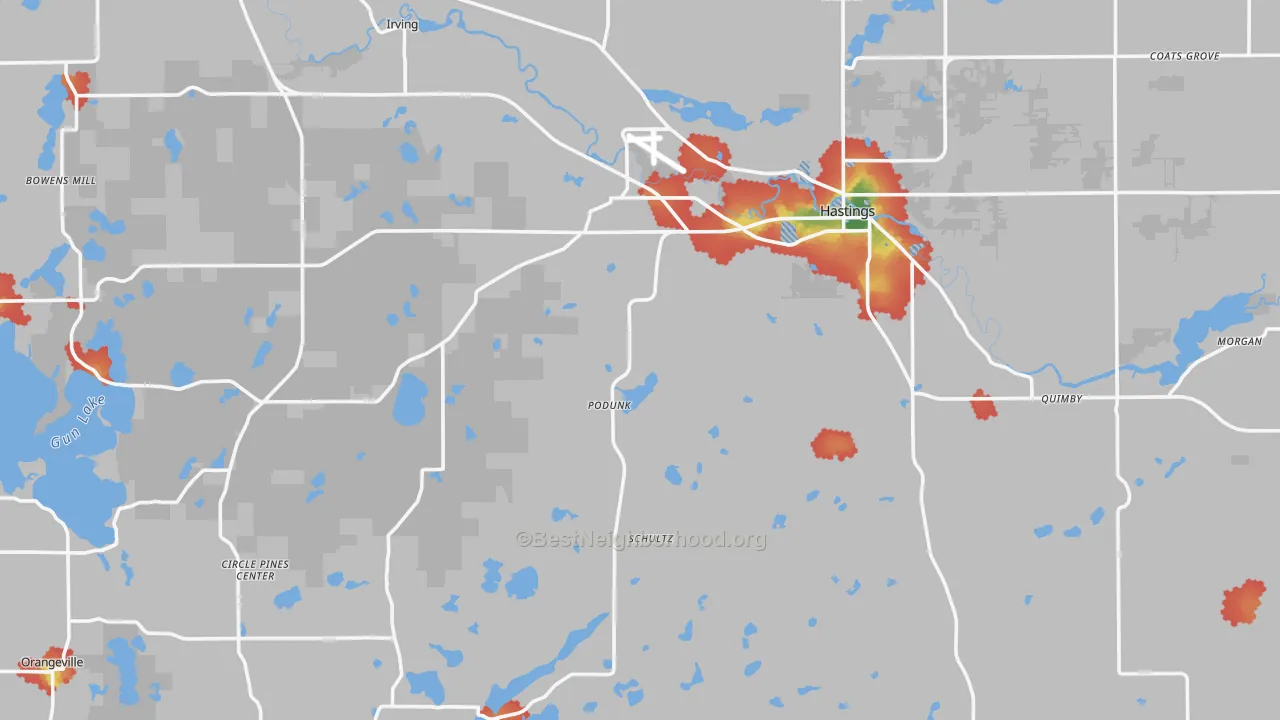 Walk Grade map of Barry County, MI, walkable areas in green and car-dependent areas in red