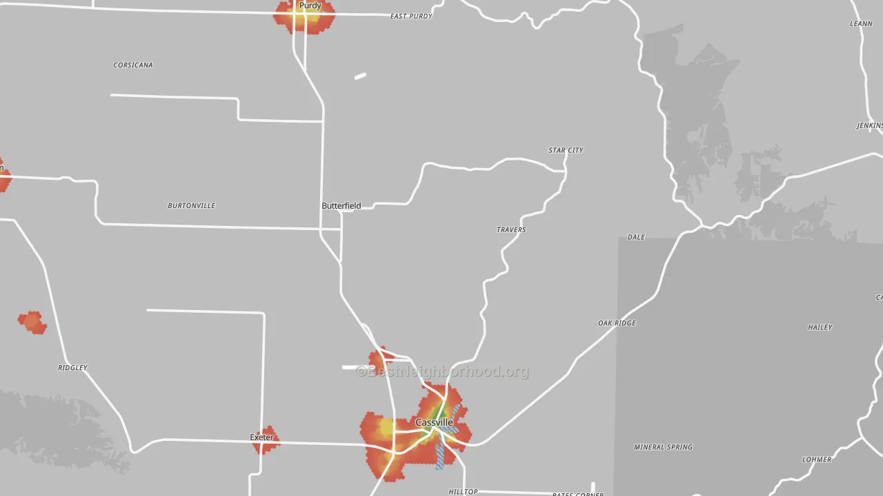 Walk Grade map of Barry County, MO, walkable areas in green and car-dependent areas in red